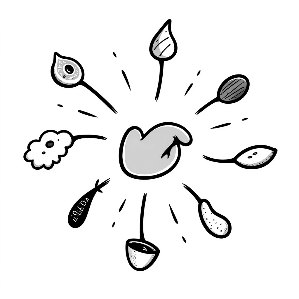 Glowing muscle fibers in the center, with protein foods (meat, egg, beans, tofu, yogurt) floating around but connected to each other forming a unified chain or cluster orbiting the muscle fibers. emoji