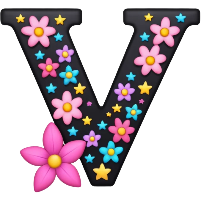 The letter V in black font with a pink heart stars and flowers emoji