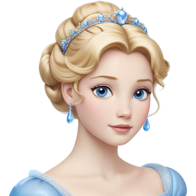 Cinematic Realistic Cinderella Portrait, depicted with lifelike skin texture, subtle rosy undertones, and soft natural lighting that enhances the gentle contours of her face. Her intricately detailed golden blonde hair is elegantly styled in an updo, with delicate wisps framing her face. Her deep, expressive blue eyes radiate warmth and sincerity, reflecting a quiet resilience and grace. She holds a glass slipper gently in one hand, her other hand resting gracefully at her side, emphasizing the timeless beauty of the moment. She is dressed in her iconic ball gown, the fabric shimmering with intricate embroidery and fine translucent layers that catch the light beautifully. The soft sheen of satin gloves adds a magical touch to her graceful pose. The portrait features an enchanting glow with a natural, luminous finish, seamlessly blending realism and fairytale charm to evoke a sense of depth, elegance, and timeless beauty. emoji