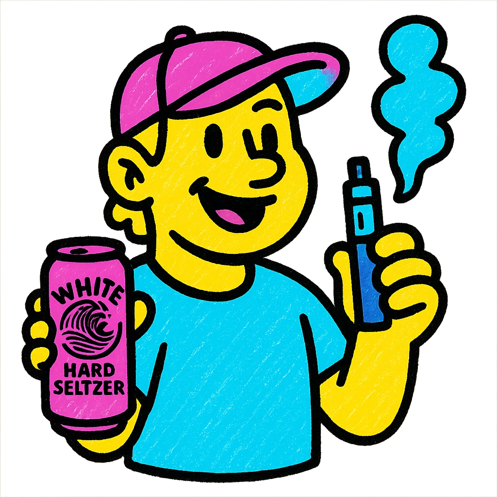 a man in a casual t-shirt and baseball cap, holding a White Claw seltzer and a vape, fun colorful icon style emoji