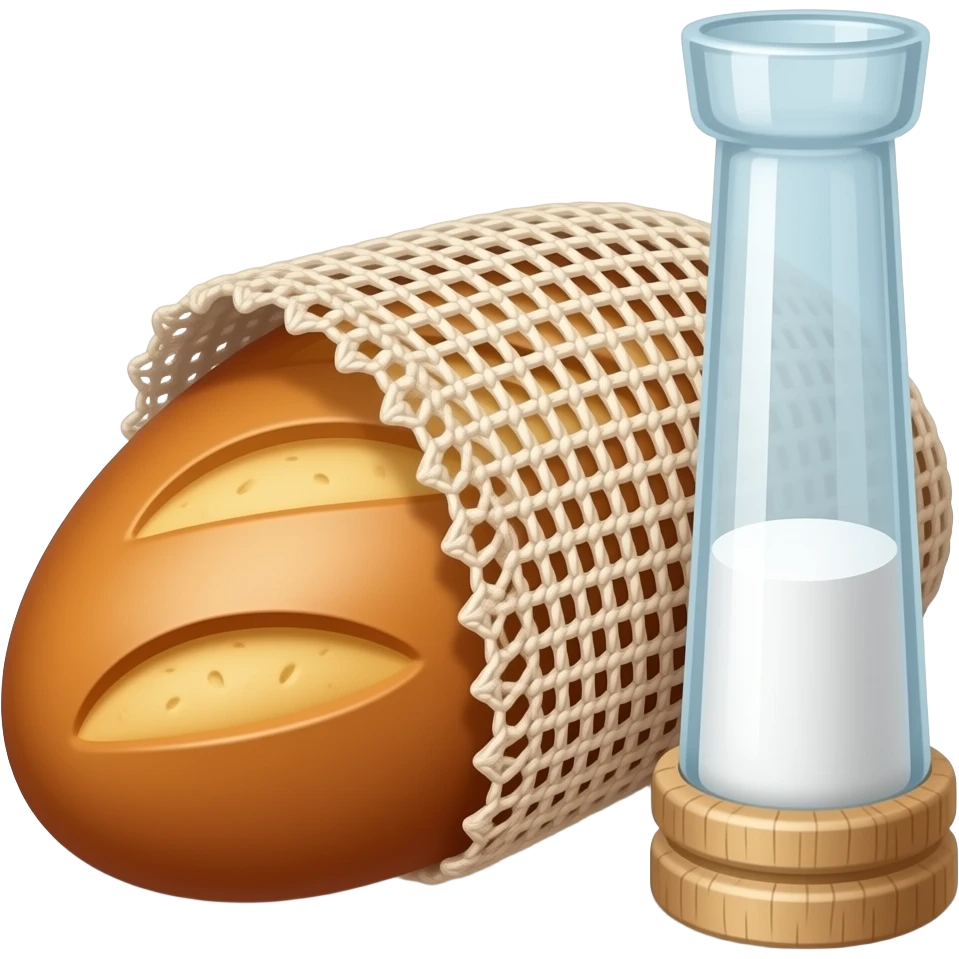 medieval style - a small cut-out peasant bread wrapped in crocheted fabric, next to which stands a large glass salt shaker emoji