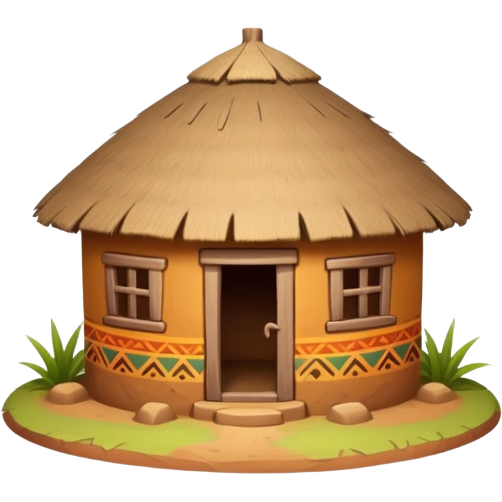 African mud hut tribal house, round adobe clay house, thatched roof, warm sunlight, colorful tribal patterns, cute mobile game icon, 3D cartoon, high detail, clean background emoji