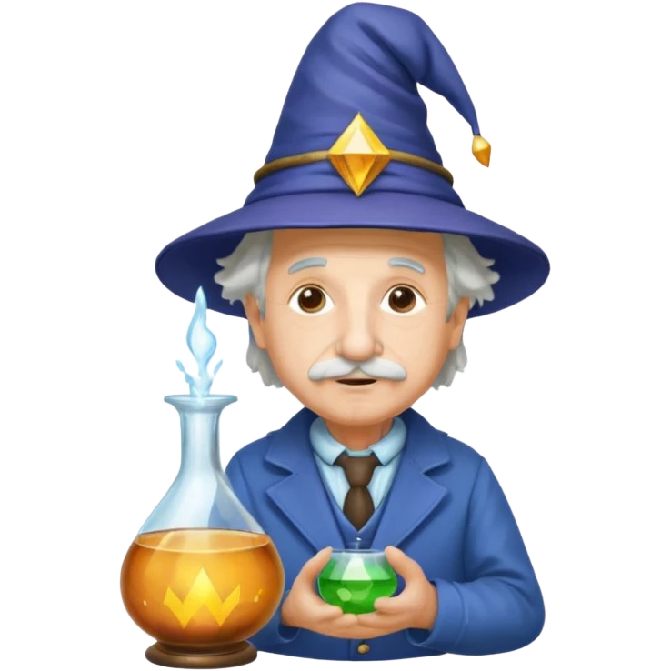 Albert Einstein, wearing wizard hat custome, with glas vase emoji