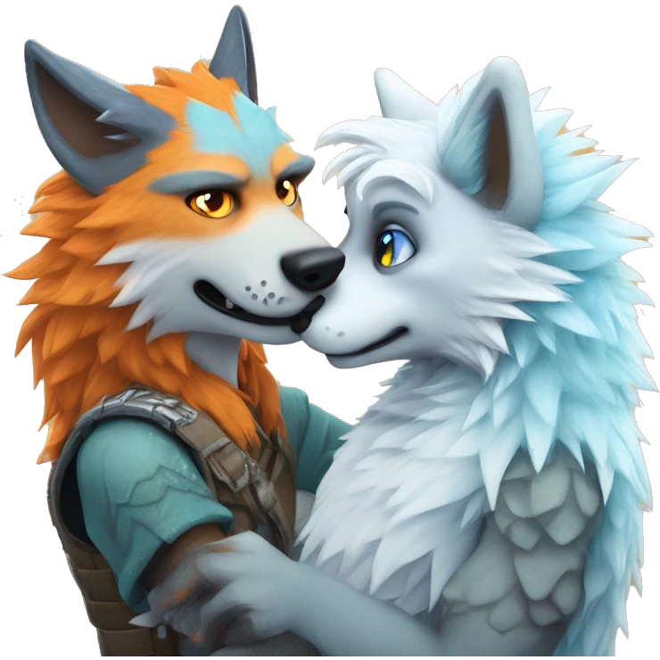 Male wolf furry getting patted on the head by a Male lizard-fox hybrid furry with orange fur interspersed with shimmering orange scales, lizard nose, icy blue eyes, white emo Hair emoji
