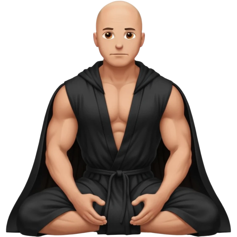 fullbody jacked bald guy, sleeveless black robe sitting hands down emoji
