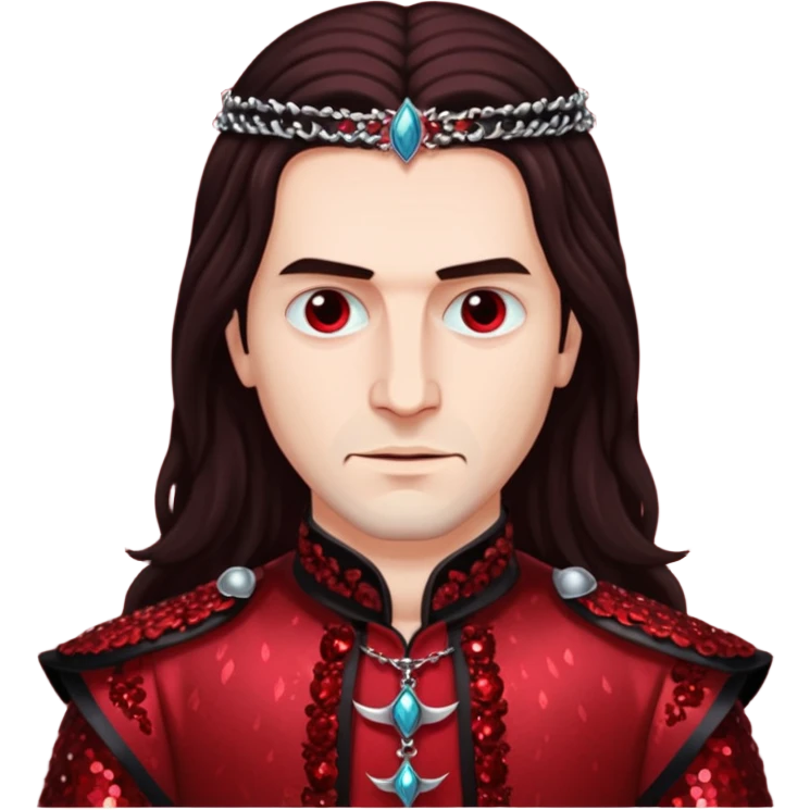Vlad Tepes with long dark brown hair, dark red sequin outfit emoji