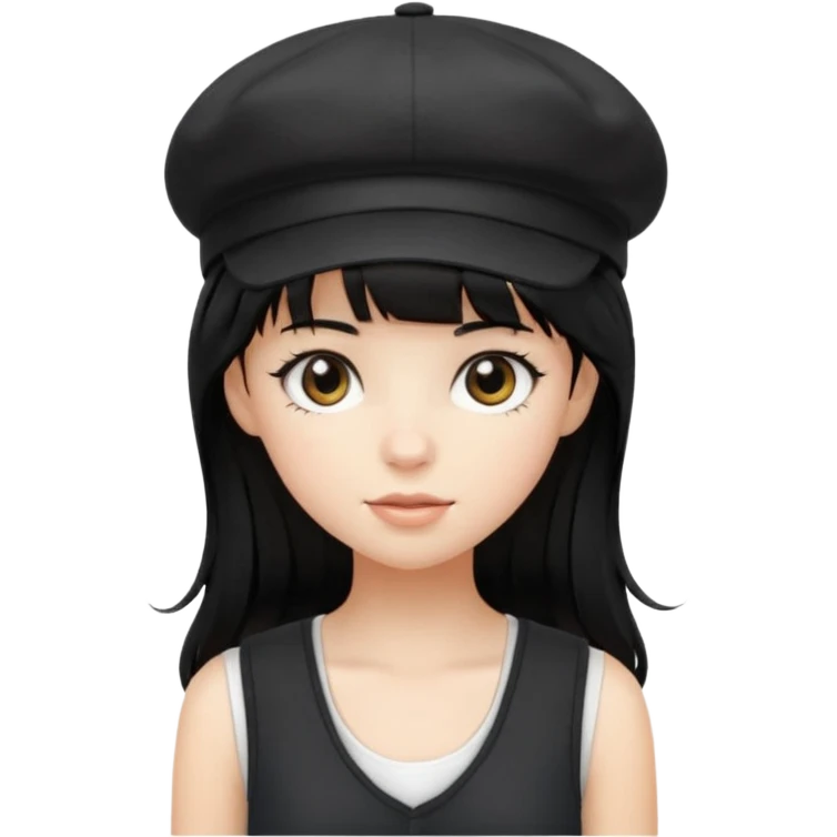 pinterst girl with heavy bang, black long hair and black newsboy cap on her hat, wearing white sleeveless  emoji