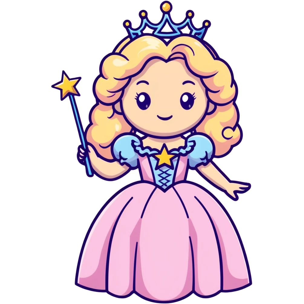 Glinda the Good Witch with long blonde curly hair, sparkling tiara, puffy pink ballgown, and magic wand with star emoji