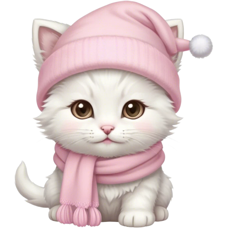 fluffy white winter kitten with pale pink christmas hat and pale pink scarf emoji