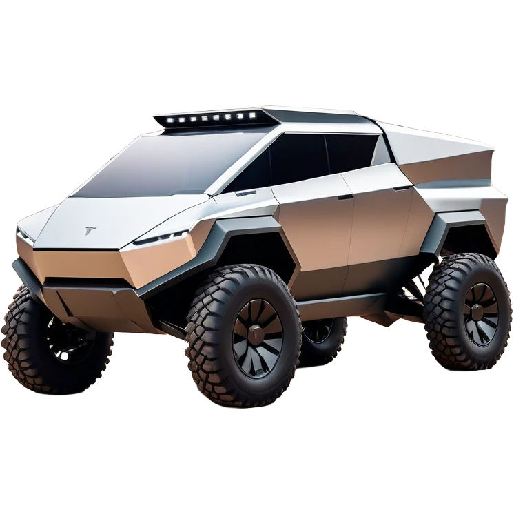 Tesla Cybertruck - A futuristic Tesla Cybertruck, angular and geometric with a sharp, triangular body shape. Stainless steel exoskeleton with a raw, unpainted, brushed-metal finish. A sleek, narrow LED light bar stretches across the entire front. Large, rugged off-road tires with exposed wheel arches. Smooth, handle-free doors and a slanted, armored rear with a retractable tonneau cover. Rear LED strip mirroring the front. The vehicle looks like a sci-fi-inspired, bulletproof stealth tank on wheels, set in a high-tech urban environment at sunset, with reflections on its metallic surface. emoji