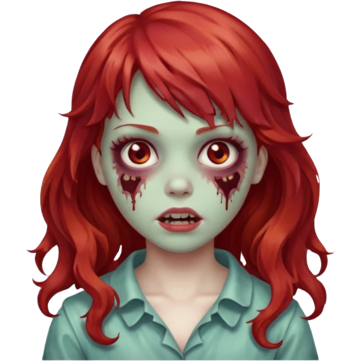 Uma zumbi garota com cabelo vermelho ondulado e franja emoji