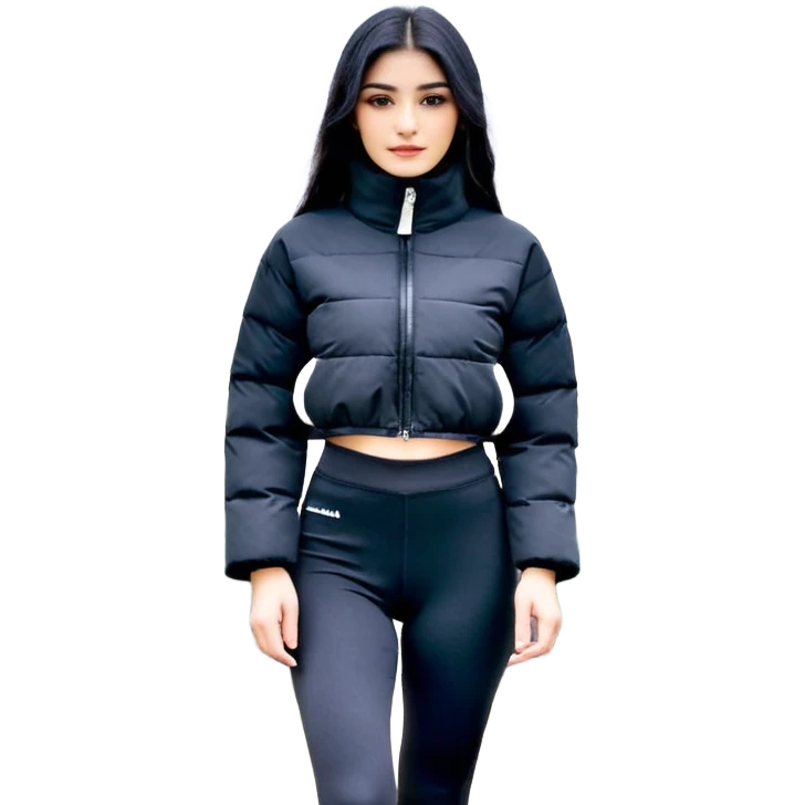 Siyah uzun saçlı siyah ceket  polar ceket ceket gevşek biraz omzundan çıkıyormuş gibi ve bugday ten rengi soltaraftaki omzundan çıkık sadece içinde de siyah crop var crop açık esmer esmer emoji