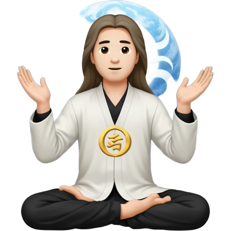 homme au cheveux long qui pratique le qi gong, habits noirs ou blancs,dans la position suivante : le ciel et la terre communiquent emoji