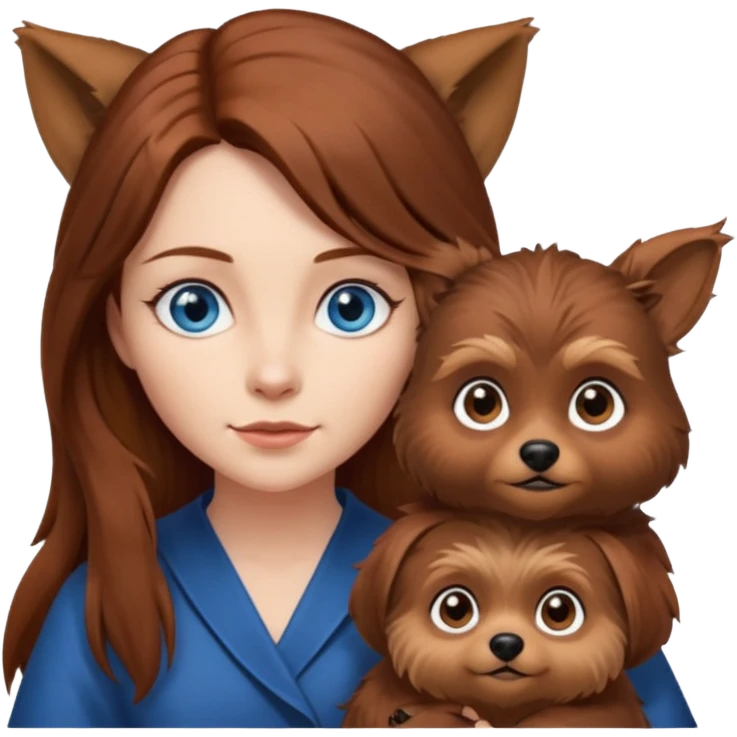 long hair chestnut color blue eyes woman holding small pointy ear ewok dog emoji