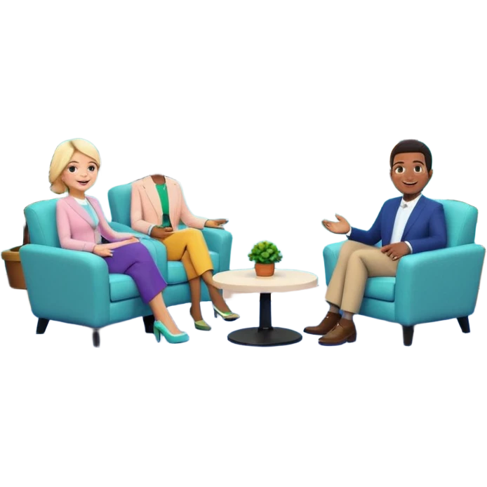 Morning entertainment TV studio, cozy talk show set with armchairs and couch with people, LED screen behind, warm pastel colors, green and blue lighting panels, festive decorations, friendly daytime TV atmosphere, realistic broadcast studio, no branding. emoji