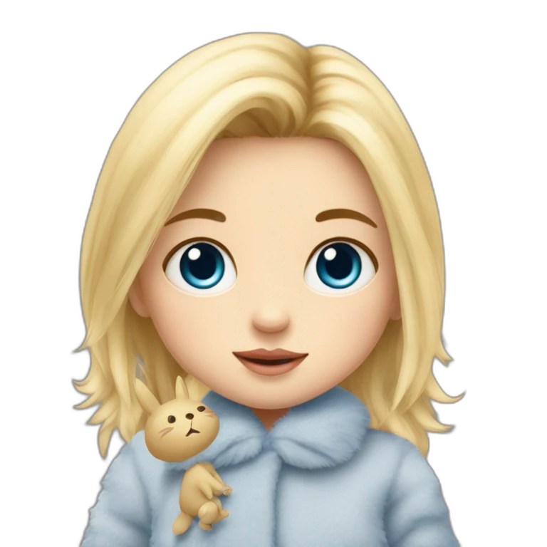 bébé fille blonde décoiffée aux yeux bleus avec une peluche Totoro  emoji
