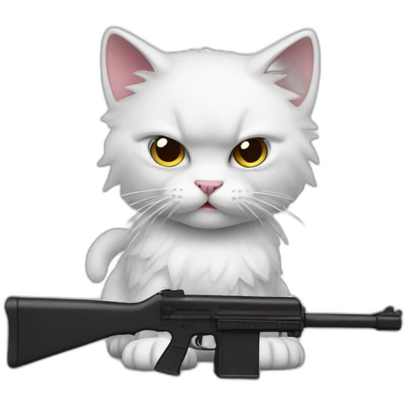 angry white cat with split black hair and tiny black mustache pointing realistic toy gun a emoji