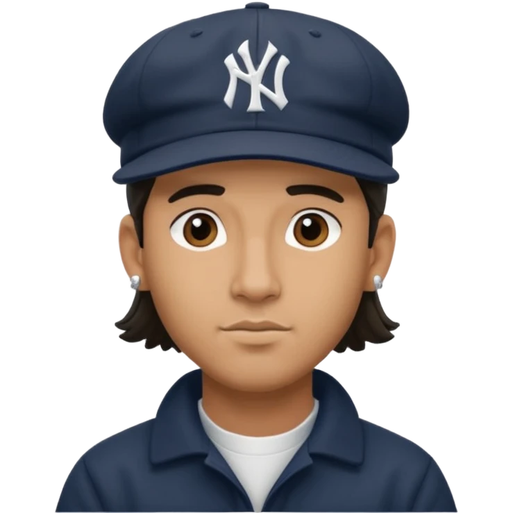 Hazme un moreno con aretes pequeños en las orejas con mucho volumen atrás una gorra plana new York yankee  emoji