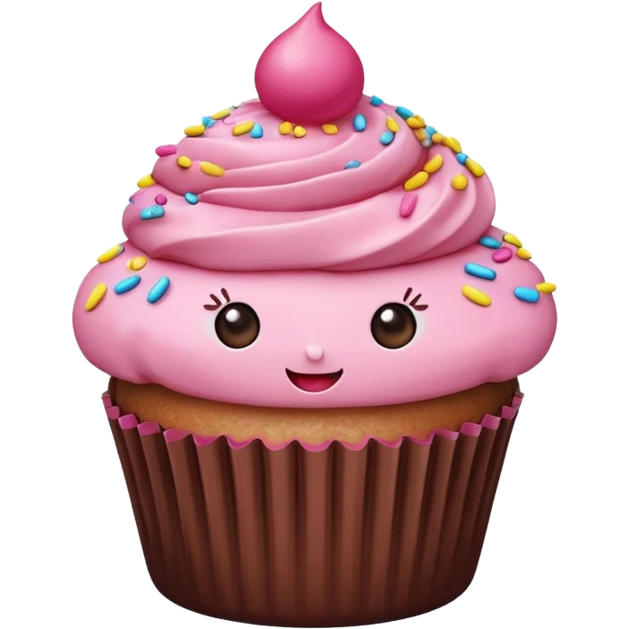 cupcake with pink icing, cute face emoji