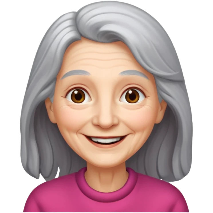 an elderly woman with long, grey hair and a smiling face emoji