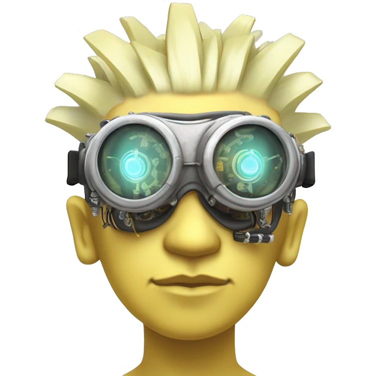 Pastel light yellow Mohawk cyborg head with silver steampunk goggles, goatee and circuits emoji