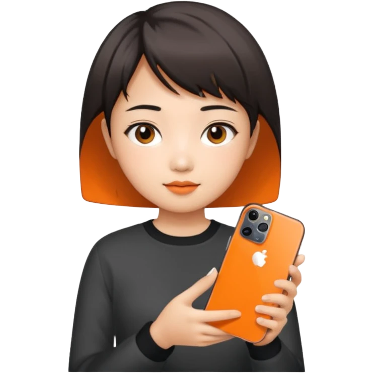 Asian girl with short hair girl holding iphone 17 pro orange emoji