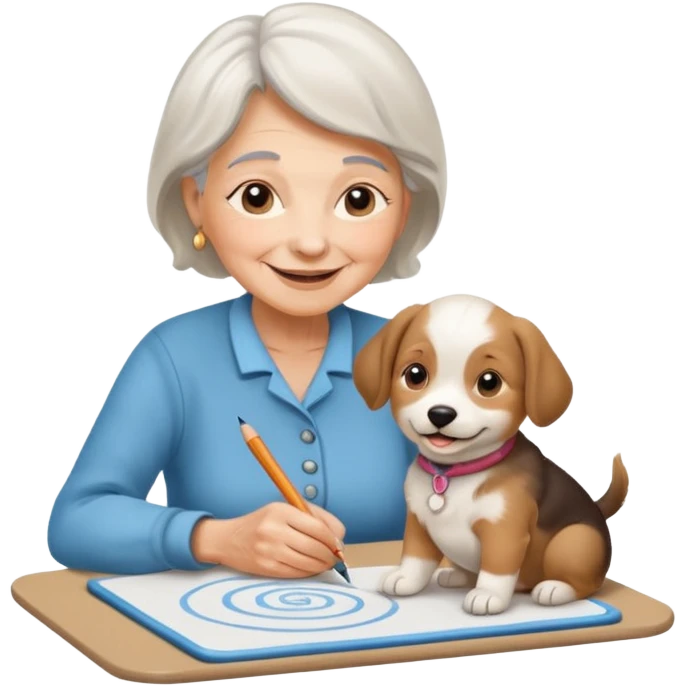 An elderly woman sketching her puppy on the spiral pad. emoji