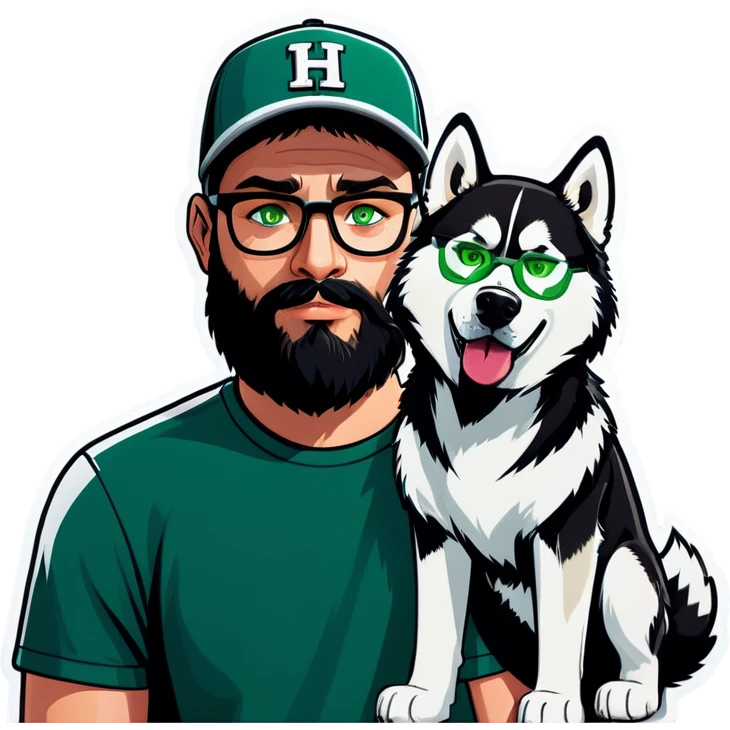 A bold man with a grey baseball cap, green eyes, big beard and glasses next to a husky dog emoji