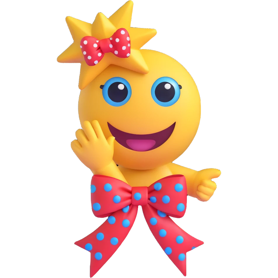 3D smiley emoji, large eyelashes, red polka dot bow, holding a star with one hand, waving with the other, joyful, blue eyes, cute style emoji