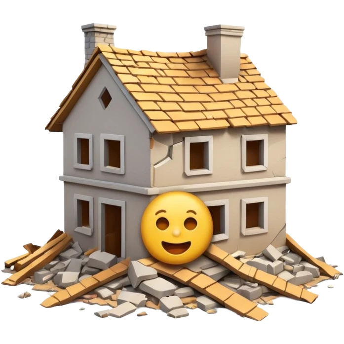 3D iPhone style emoji of a completely destroyed house, heavily damaged, collapsed into rubble, broken walls and roof scattered into debris, isolated on white background, soft shadows, high detail, playful and cute. emoji