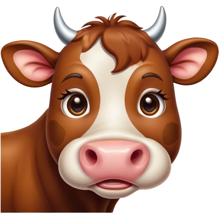 Cinematic Cute Brown Cow Portrait Emoji, Head tilted playfully and inquisitively, featuring a glossy, rich brown hide with a natural sheen, round, sparkling brown eyes filled with gentle curiosity, Simplified yet irresistibly adorable features, highly detailed, glowing with a warm, friendly glow, high shine, affectionate and serene, stylized with a touch of country charm, bright and endearing, soft glowing outline, capturing the essence of a mischievous yet loving cow, so playful it feels like it could moo out of the screen and into your arms! emoji
