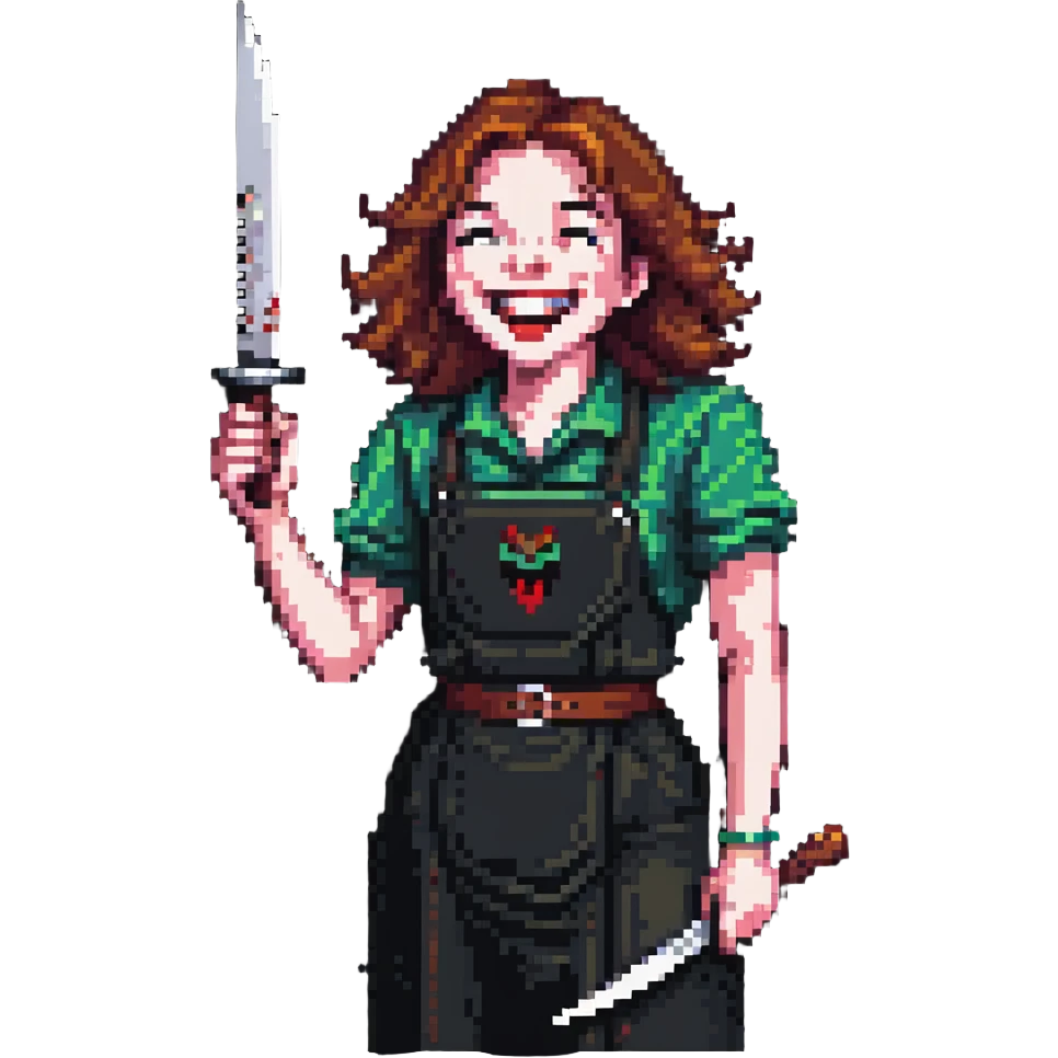 pixelated savage person in 1988 fashion with neon colors, holding knife, wicked laugh emoji