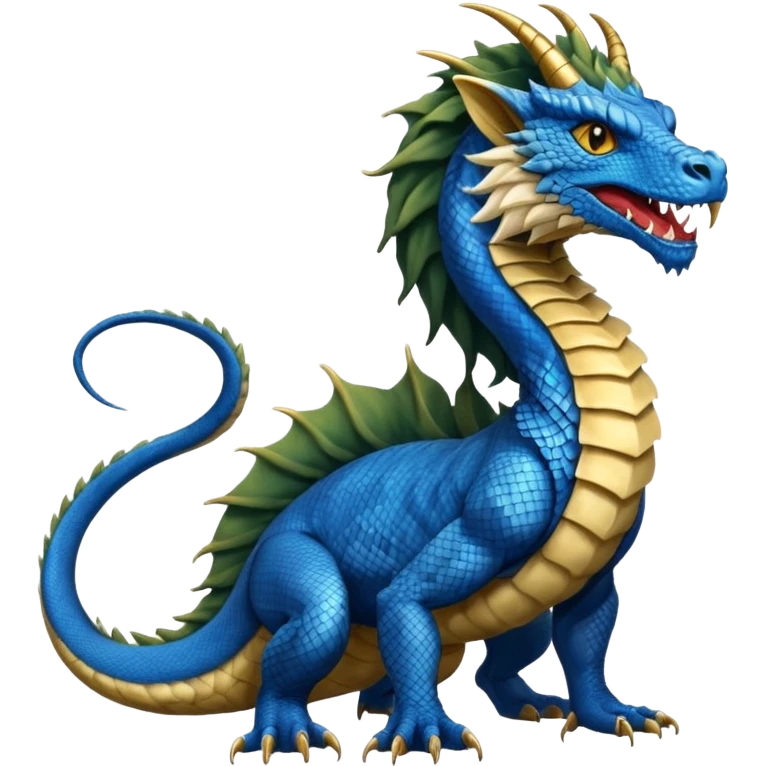 Mušḫuššu, mythic hybrid, blue or turquoise dragon-snake body, lion mane, lion forelegs, eagle talons hind legs, horned dragon head, lizard tail, snake tongue, no wings, ancient, regal emoji