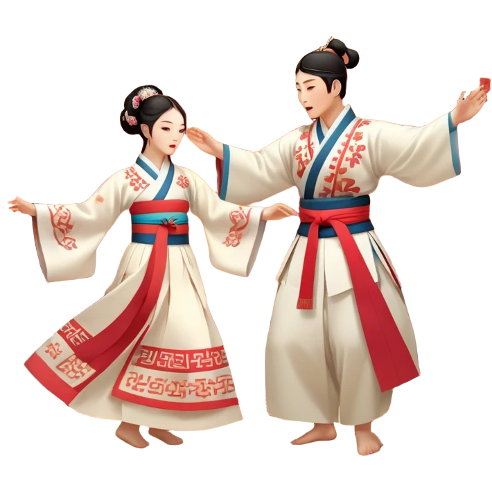 Cinematic Realistic scene of two performers engaging in Ganggangsullae, dressed in traditional Korean costumes with intricate patterns and graceful movements, illuminated by soft, festive lighting that accentuates the cultural ambiance emoji