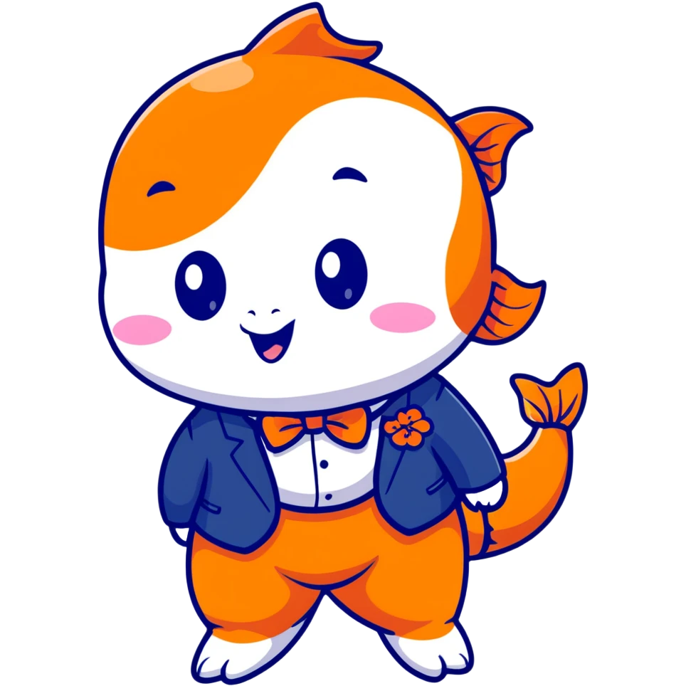 A super kawaii koi fish character with enormous cute eyes, blushing cheeks, bubbly playful expression, orange and white patterns, wearing a tiny business suit with bowtie emoji