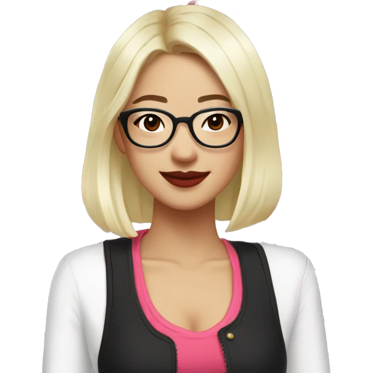Asian girl, smiling with teeth, fair skin, black long hair, black eyes, black glasses with gold frames, red lipstick, wearing a white lace tank top and a black office jacket on top, with pink and red roses around her emoji