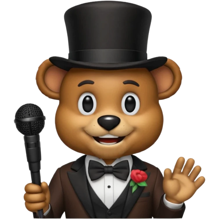 Freddy Fazbear as an emoji, smiling, brown fur, black top hat, bow tie, holding a microphone, cheerful look emoji