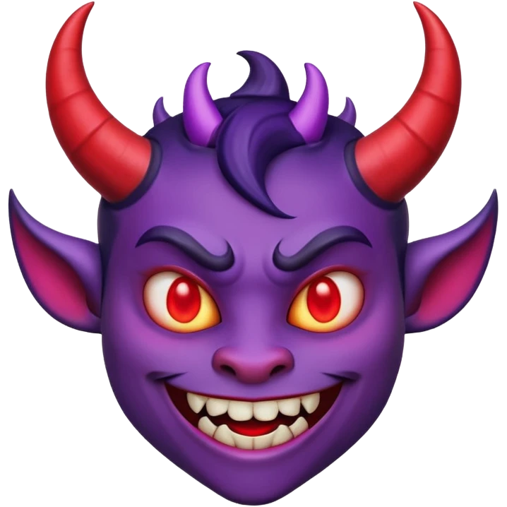 "Smiling face with horns devil emoji, purple skin, curved black horns, mischievous grin with fangs, pointed eyebrows, glowing red eyes, simple white background, cartoon emoji style, high detail, vibrant colors, isolated emoji