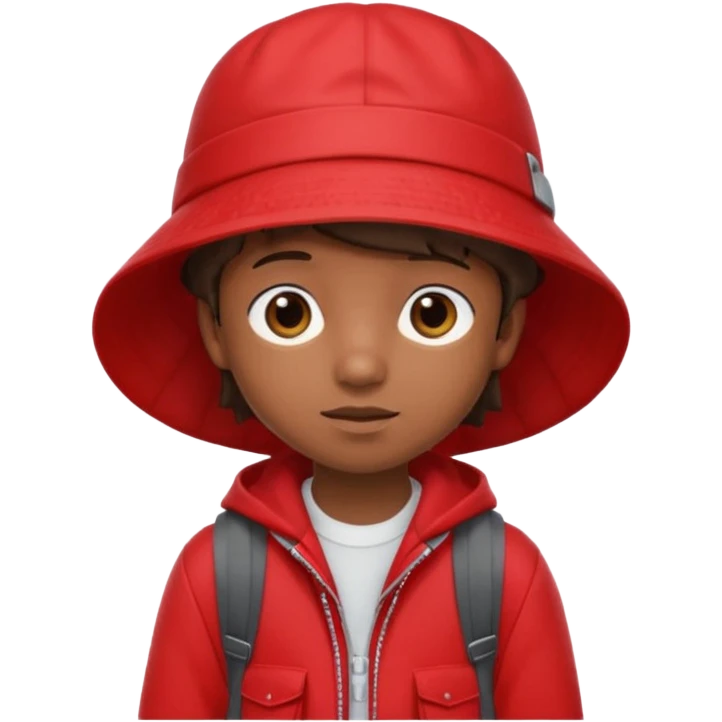 Little student brown wears red bucket hat and jacket, backpack, shy emoji
