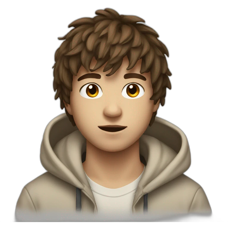 24-year-old boy with textured, messy fringe, brown hair, and an off-white hoodie. emoji