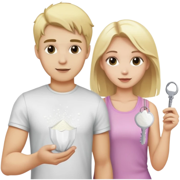 Blonde guy holding a plastic bag of white powder and blonde girl holding a key emoji