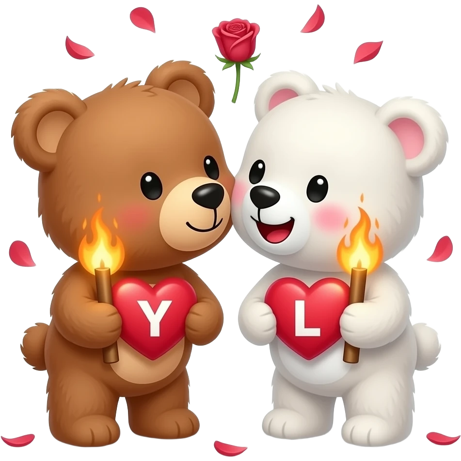 I want one light brown bear teddy kissing on cheek white bear teddy both holding heart fire , both a little furry, the  white bear blushes and smiles , add letter Y to the heart of the brown bear and letter L to the heart of the white bear , rose petals falling from sky , passion emoji