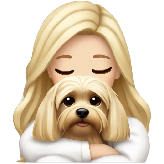 White girl blonde hair closed eyes white sweater hugging Yorkshire terrier  emoji