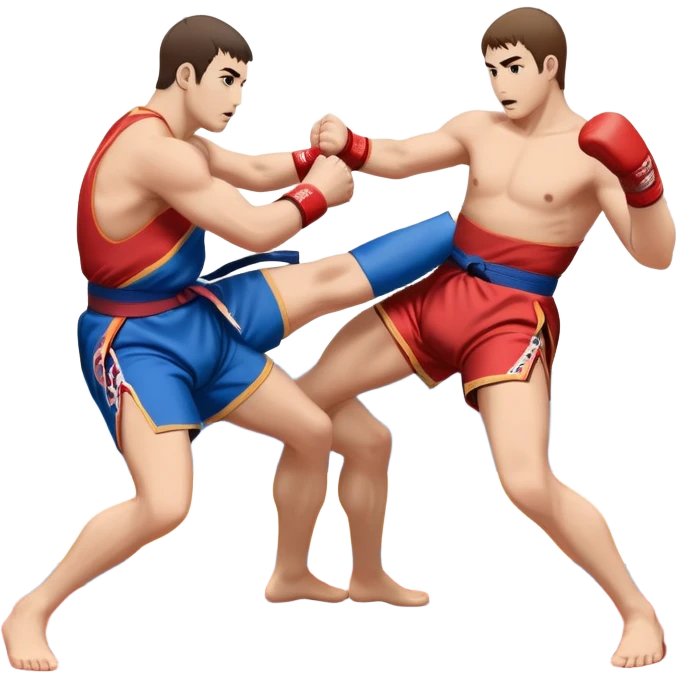 An icon symbolizing Sambo, featuring two fighters in blue and red kimonos with shorts. One executes a powerful throw, while the other attempts a defensive grab. The fighters are engaged in a grapple, using joint locks and sweeps. The background features a wrestling mat/ emoji
