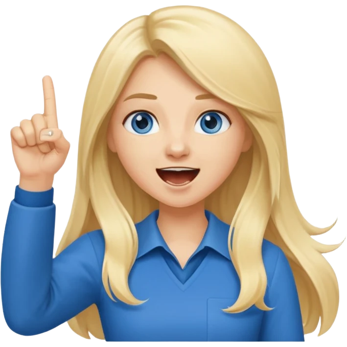  blue eyes blonde girl yelling into megaphone with right hand smiling long hair holding up left first finger emoji