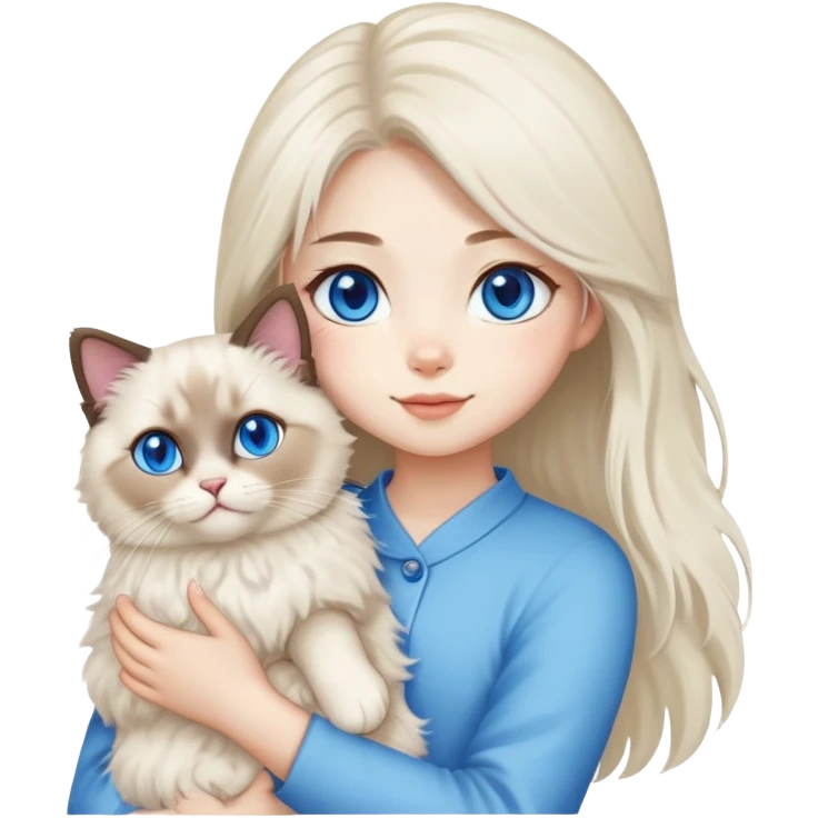 Asian girl holding a fluffy ragdoll cat with blue eyes and colorpoint fur emoji