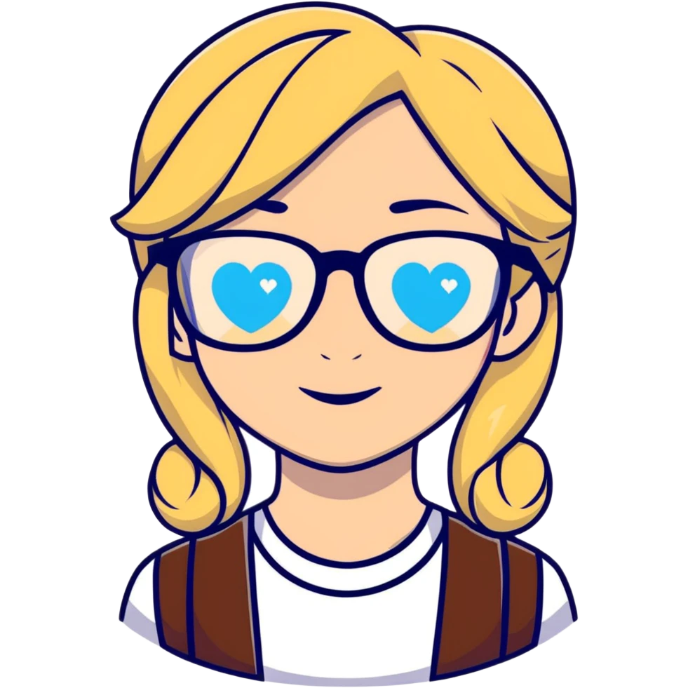 Blonde girl with glasses, blue eyes and hearts sticker
 emoji
