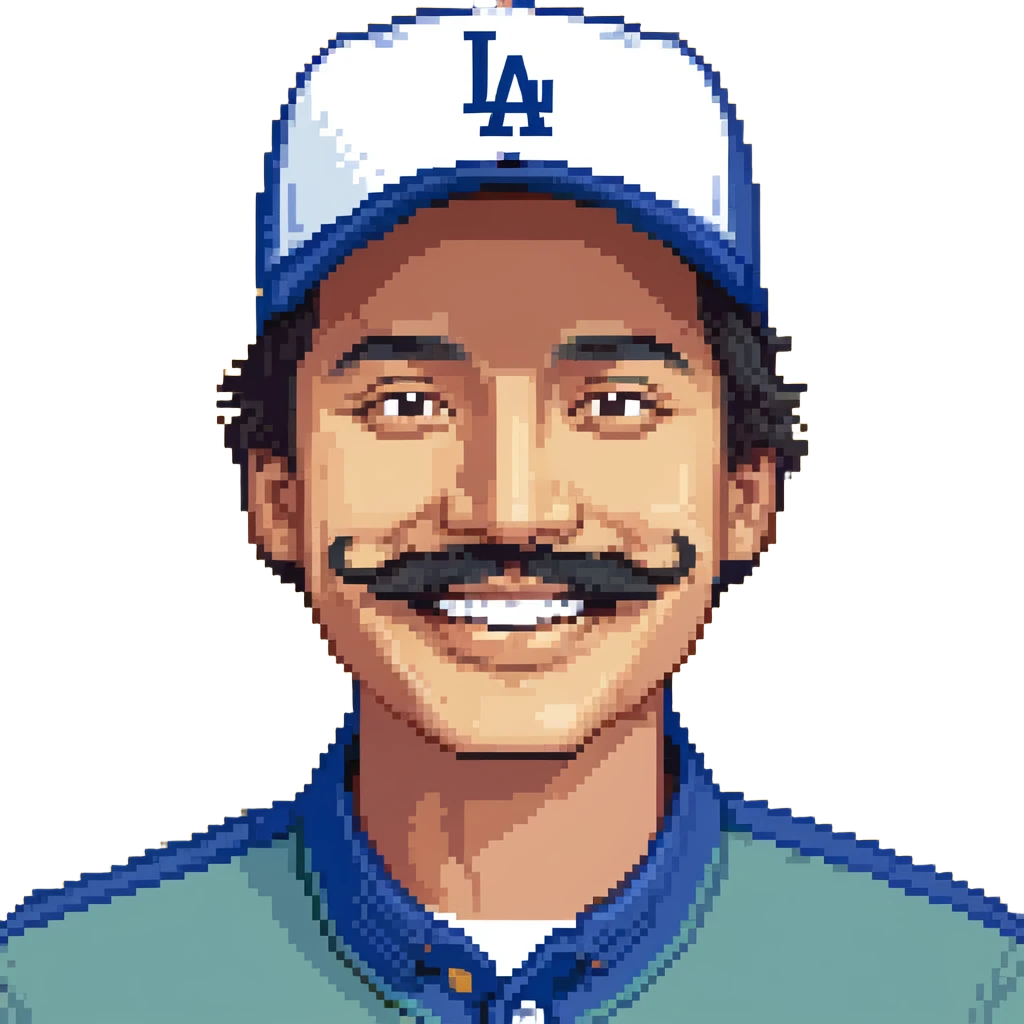 smiling Mexican man with mustache, LA Dodgers cap, blue shirt emoji