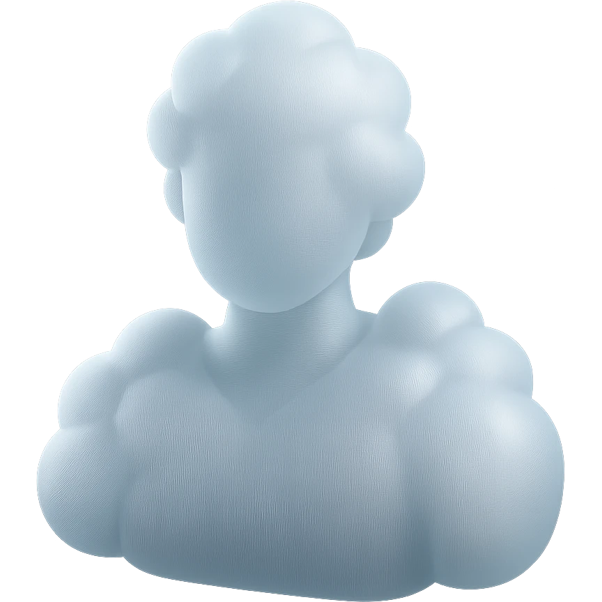 shoulder-up person fully made of white fluffy bulging clouds, matte glass style emoji
