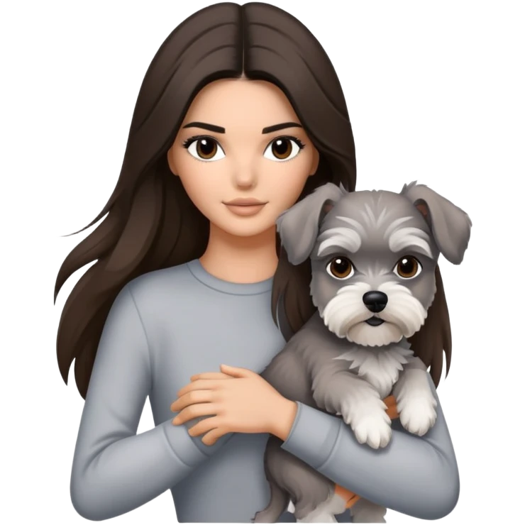 brunette Kendall Jenner with long hair holding on the hands grey white Schnauzer emoji